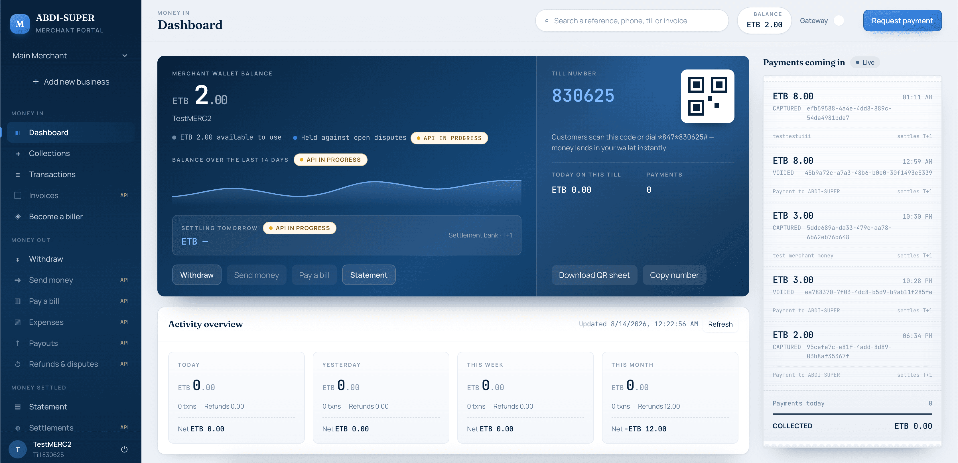 MFS merchant dashboard with wallet balance, till QR, and live payments feed