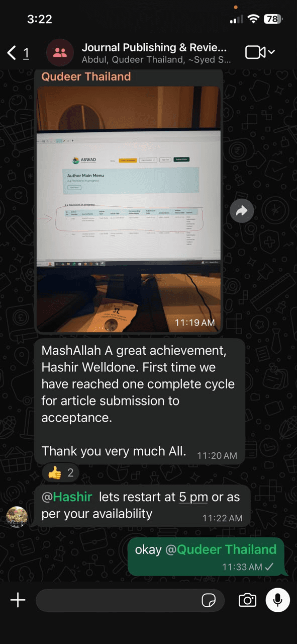 WhatsApp delivery note from Qudeer about completing the journal publishing cycle